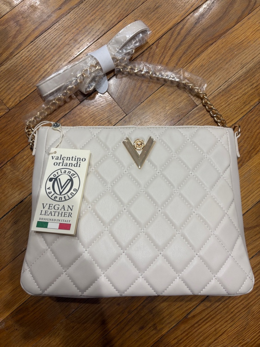 Valentino Orlandi Quilted White Vegan Leather Shoulder Bag with Gold Chain